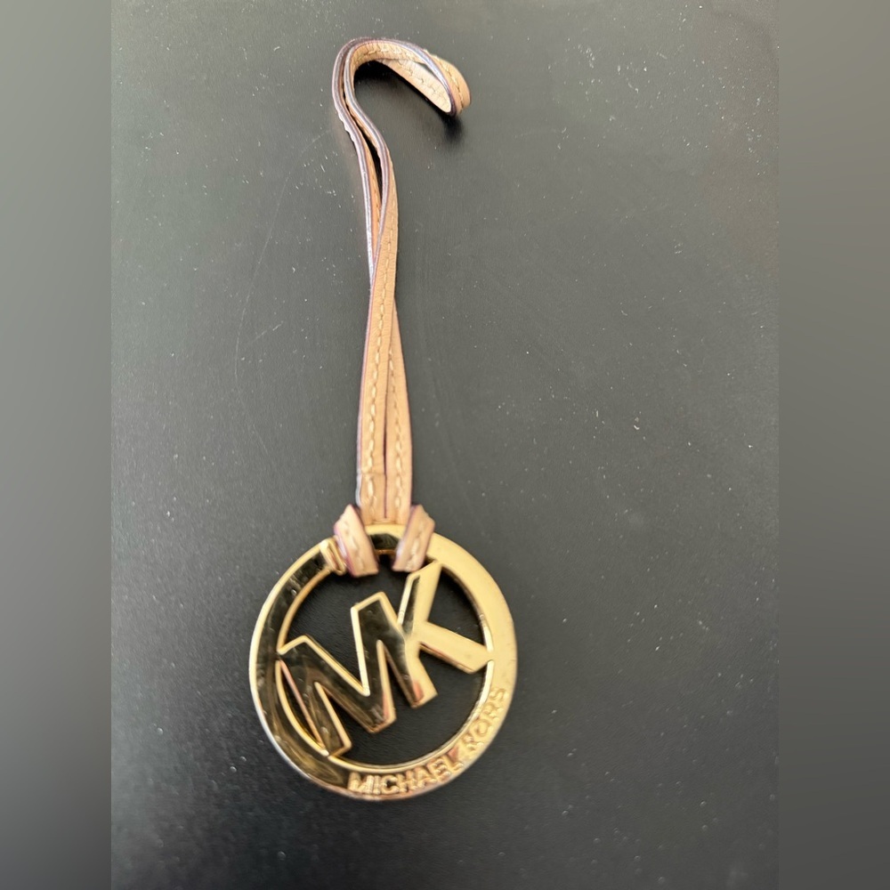 Michael Kors Gold Tone MK Logo Keychain with Tan Leather Strap